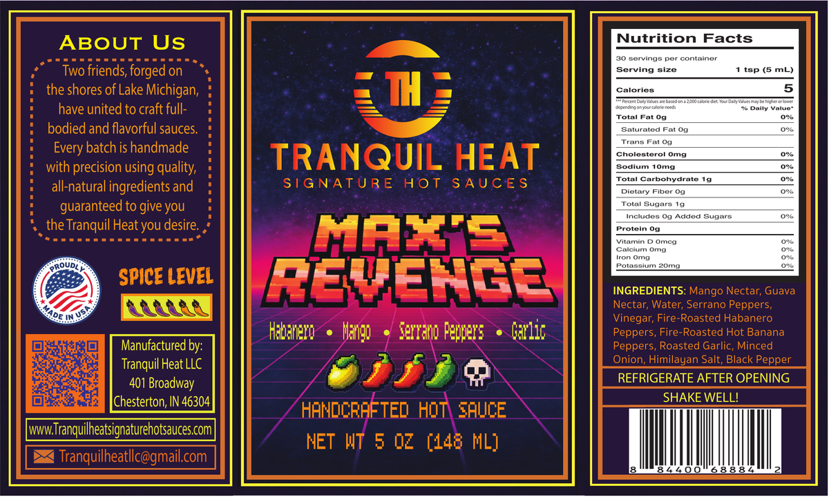 Max's Revenge hot sauce label - front, About Us, and nutrition facts panels